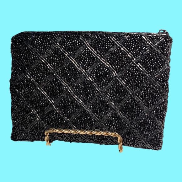Lancome Beaded Clutch Evening Bag Zipper 4 1/2” X 6” Black - Picture 4 of 13